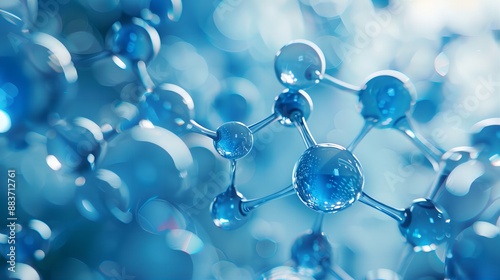 3d rendering of the chemical structure with molecules on blue background, macro view, close-up. 