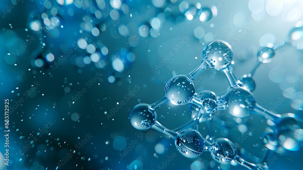 3d rendering of the chemical structure with molecules on blue background, macro view, close-up. 3d rendering of the chemical structure with molecules on blue background, macro view, close-up.