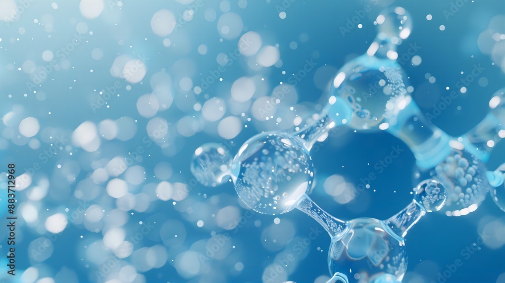 3d rendering of the chemical structure with molecules on blue background, macro view, close-up. 