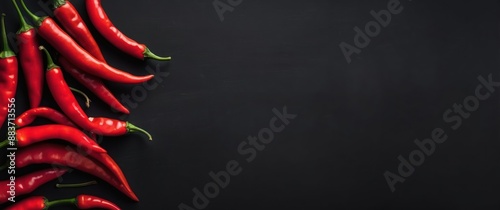 Red chili peppers on a sleek black background, perfect for culinary and spicy food concepts