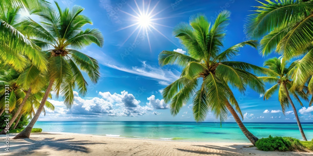 Tropical beach with picturesque palm trees on a sunny day, beach, palm trees, tropical, paradise, vacation, relaxation, ocean, sand Tropical beach with picturesque palm trees on a sunny day, beach, palm trees, tropical, paradise, vacation, relaxation, ocean, sand