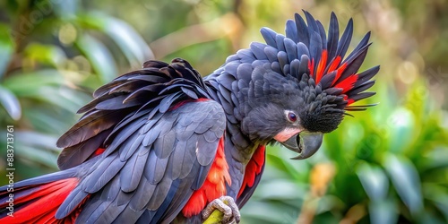 Black cockatoo cleaning its vibrant red tail feathers, red-tailed black cockatoo, Calyptorhynchus bankii, bird photo