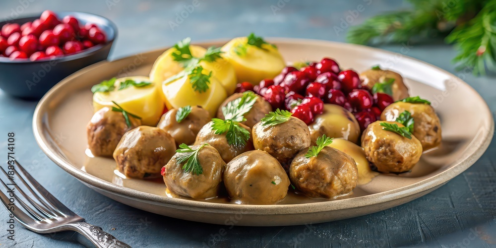 Traditional Swedish meatballs served with lingonberry sauce and potatoes, Swedish, meatballs, k?ttbullar, lingonberry Traditional Swedish meatballs served with lingonberry sauce and potatoes, Swedish, meatballs, k?ttbullar, lingonberry