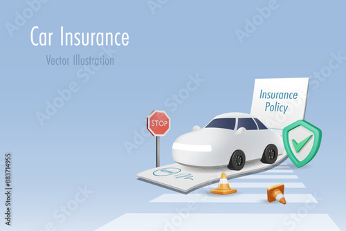 Car insurance protection. Car on insurance policy with protective shield to protect from travel accident. 3D vector.