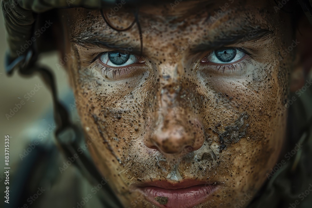 Close-up of a battle-hardened soldier's face. Close-up of a battle-hardened soldier's face.