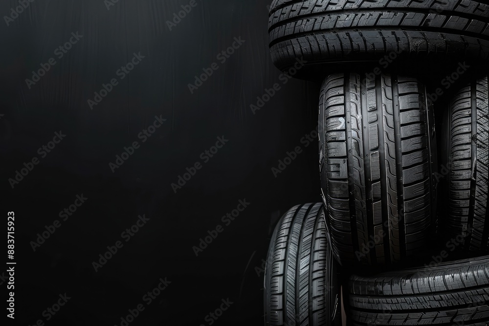 Car tires on black background. Top view with copy space. Flat lay Car tires on black background. Top view with copy space. Flat lay