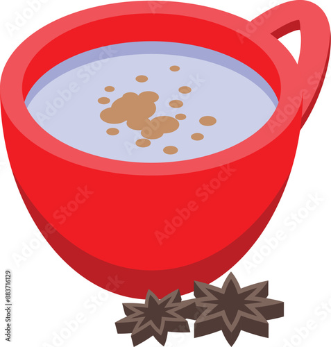 Red cup of masala chai is steaming with the aroma of star anise