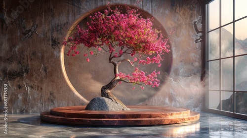 A Beautiful Bonsai Tree with Pink Flowers in a Minimalist Setting