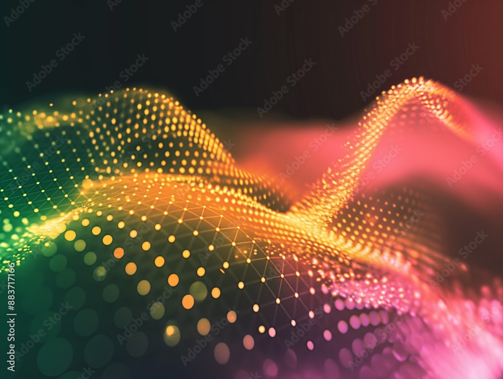Abstract futuristic background with glowing dots and waves of pink, orange, green color on dark space Abstract futuristic background with glowing dots and waves of pink, orange, green color on dark space