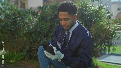 African american man writes in a notebook outdoors among greenery photo