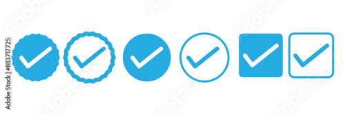blue check mark icons in a circle and square. tick mark icon in a circle and square symbols. yes, right, ok symbol cions. vector illustration.