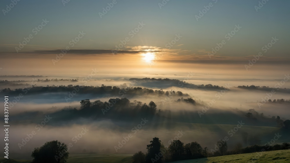 Obraz premium Sky covered in thick fog with the sun just barely visible over misty hills during sunrise