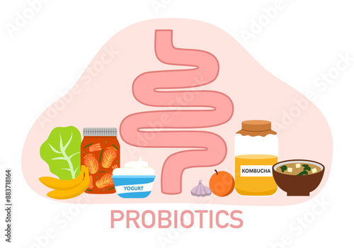 Gut Health Diet concept. Nutritional elements supporting digestive wellness with probiotics. Illustration of intestines, yogurt, and fibers.