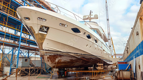 cruise ship docked in port,
A magnificent white sailing yacht is on the repairing against other boat,
