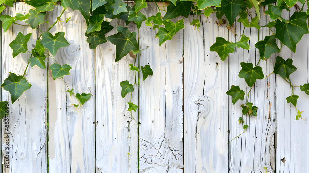 Green fresh ivy on white shabby old wooden fence horizontally Green fresh ivy on white shabby old wooden fence horizontally