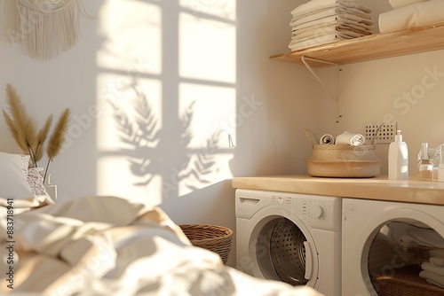 Bright and Airy Laundry Room with Natural Light and Greenery photo