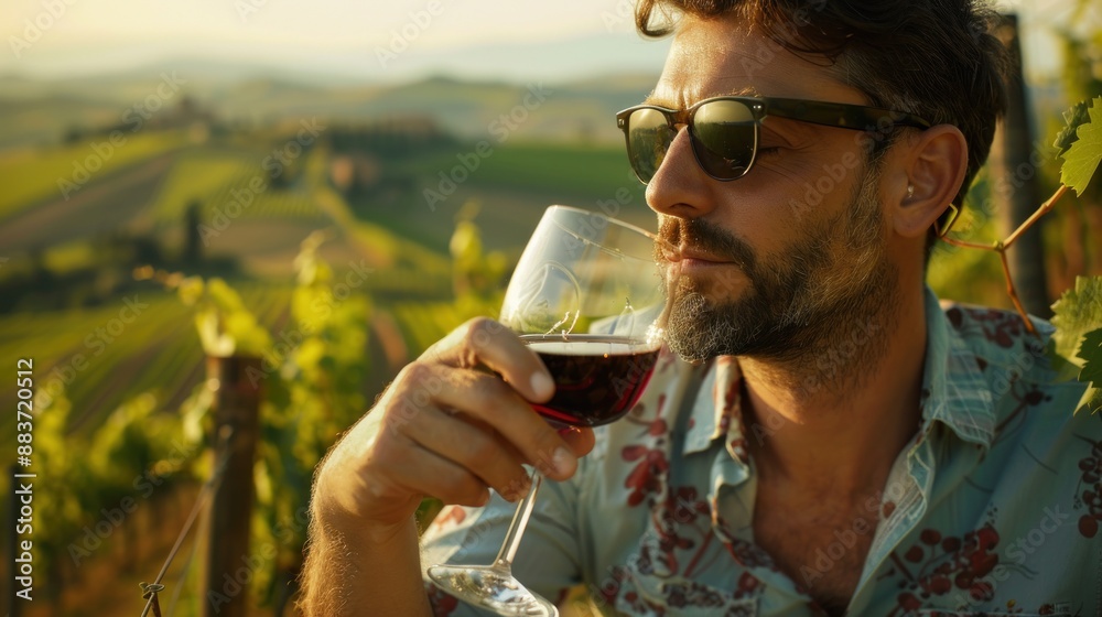 Close-up of a man enjoying a glass of local wine at a vineyard near San Gimignano, with grapevines and rolling hills in the background, wearing a casual outfit and sunglasses, Portrait close-up, Close-up of a man enjoying a glass of local wine at a vineyard near San Gimignano, with grapevines and rolling hills in the background, wearing a casual outfit and sunglasses, Portrait close-up,
