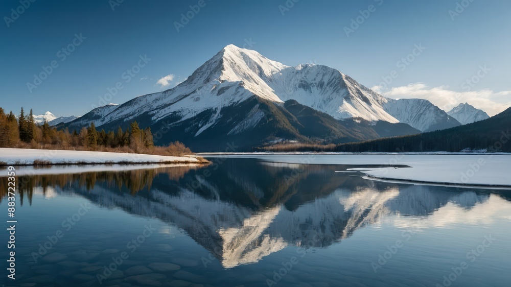Fototapeta premium Tranquil waters reflecting snowcapped peaks under a clear blue sky, evoking serenity and peace