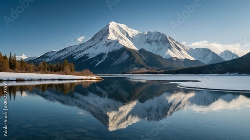 Tranquil waters reflecting snowcapped peaks under a clear blue sky, evoking serenity and peace