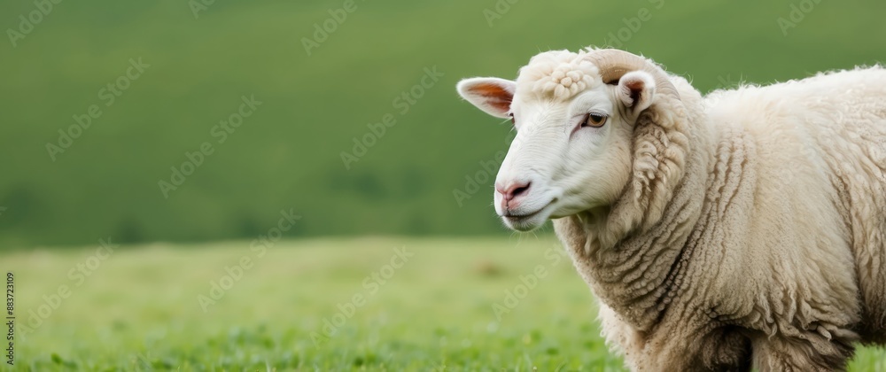 Obraz premium White sheep standing in a green field with forested background, ideal for farm and rural concepts