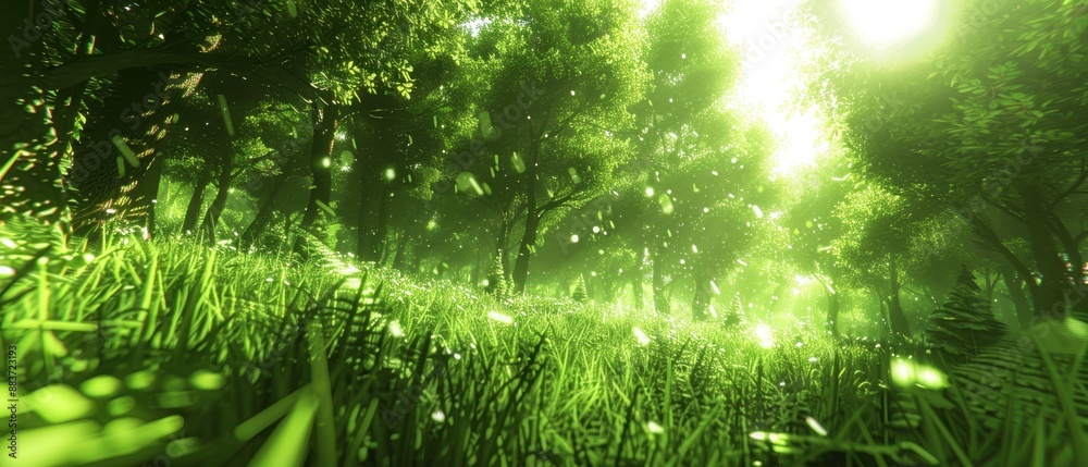 Beautiful sunlit forest with lush green grass and trees, captured under a canopy of vibrant foliage, creating a serene and tranquil natural setting. Beautiful sunlit forest with lush green grass and trees, captured under a canopy of vibrant foliage, creating a serene and tranquil natural setting.