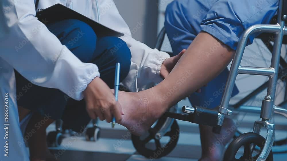 Physical therapist helps a male patient use a walker to practice walking. Support yourself from recovery from sore legs and ankles. Physical therapy service concept. Physical therapist helps a male patient use a walker to practice walking. Support yourself from recovery from sore legs and ankles. Physical therapy service concept.