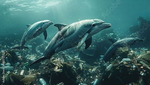 Dolphins Swimming Through a Pollution-Ridden Ocean Highlighting Environmental Crisis © akarawit