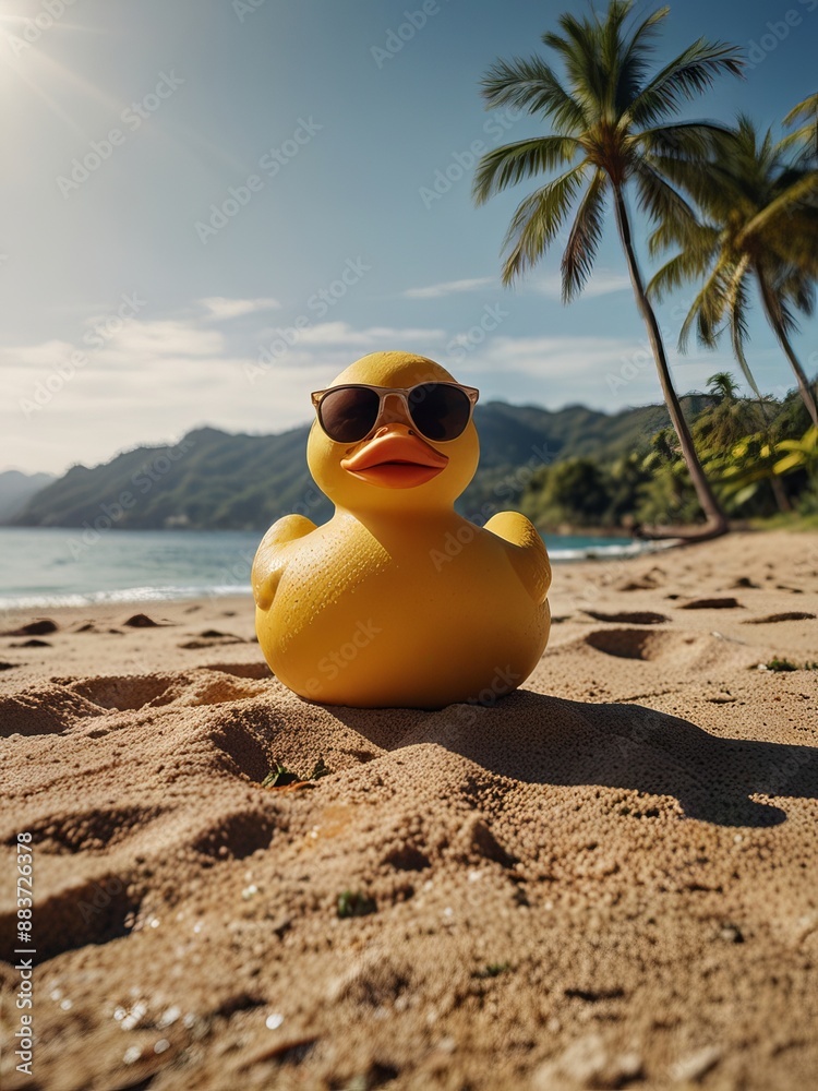 Obraz premium Rubber Duck Wearing Sunglasses Relaxing on a Tropical Beach
