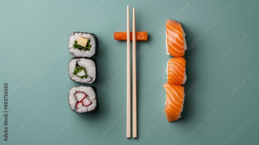 Minimalist sushi presentation It showcases the simplicity and elegance of food. The clean, uncluttered layout emphasizes the freshness and artistry of the sushi. Attractive and exquisite