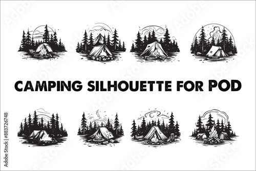 Camping vector black silhouette,
Outdoor Adventure,
Hiking,
Nature,
Wilderness,
Campfire,
Mountains,
Forest,
Tent,
RV Camping,
Backpacking,
Campground,
Scenic,
Travel,