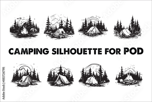 Camping vector black silhouette,
Outdoor Adventure,
Hiking,
Nature,
Wilderness,
Campfire,
Mountains,
Forest,
Tent,
RV Camping,
Backpacking,
Campground,
Scenic,
Travel,