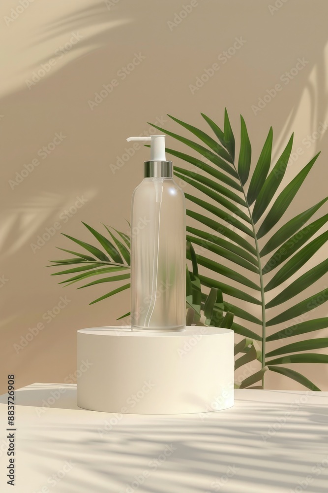 Minimal cosmetic product display podium with eucalyptus leaves Minimal cosmetic product display podium with eucalyptus leaves