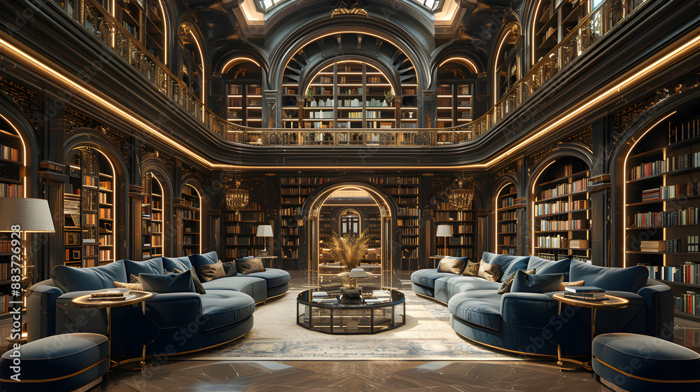 Obraz premium Advanced home library with touch-screen book selectors and voice-activated lighting and music, 8K 