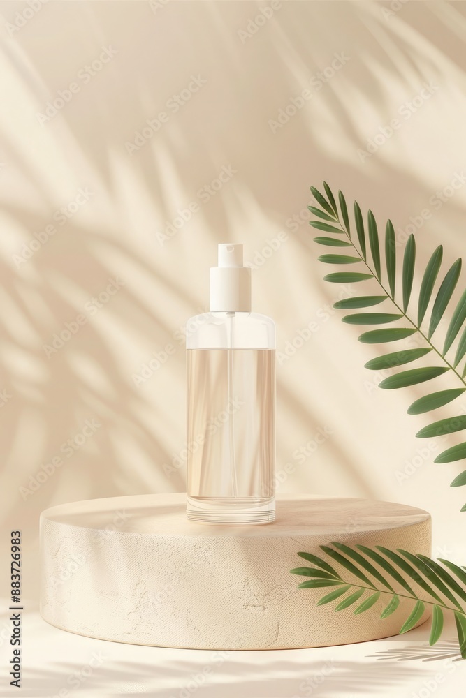 Minimal cosmetic product display podium with eucalyptus leaves Minimal cosmetic product display podium with eucalyptus leaves