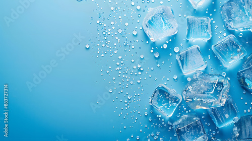 Close-up of frosty ice cubes with dew-like water droplets on a bold blue background