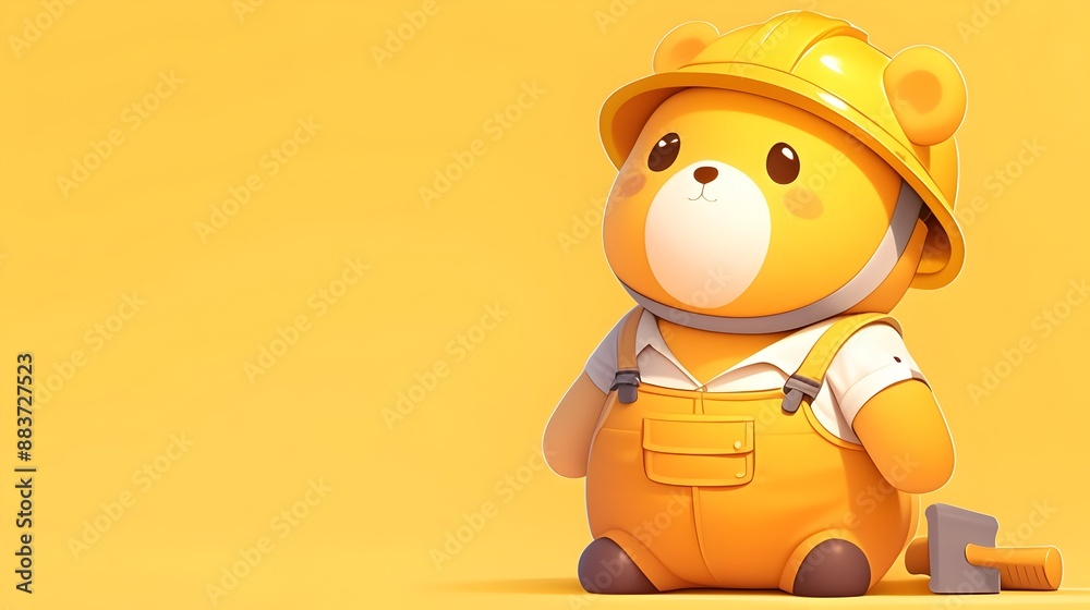 Fototapeta premium Adorable Cartoon Animal Worker in Hard Hat on Simple Yellow Background
