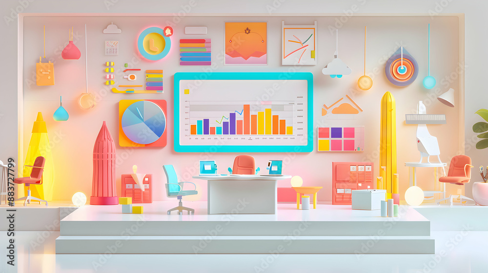 3D Flat Icon Marketing Director with Presentation Charts in Fantasy Boardroom Concept Wide Shot with Magical Business Meeting Environment on Isolated White Background 3D Flat Icon Marketing Director with Presentation Charts in Fantasy Boardroom Concept Wide Shot with Magical Business Meeting Environment on Isolated White Background
