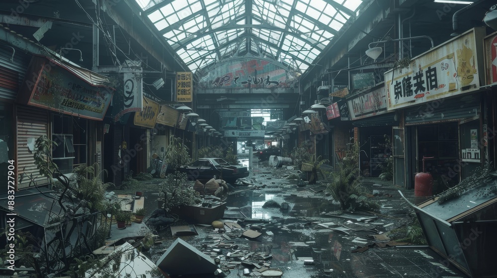 A post-apocalyptic marketplace with Cult Party Kei mannequins, broken stalls, and ethereal atmosphere A post-apocalyptic marketplace with Cult Party Kei mannequins, broken stalls, and ethereal atmosphere