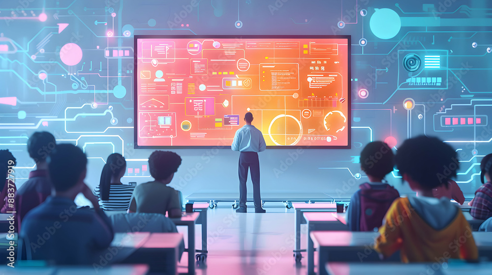 Simulation And 3d Math Classroom 3D Flat Icon: Math Teacher with Digital Board and Students in ...