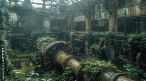 A ruined industrial complex with Cult Party Kei elements, machinery overgrown with plants, soft lighting photo