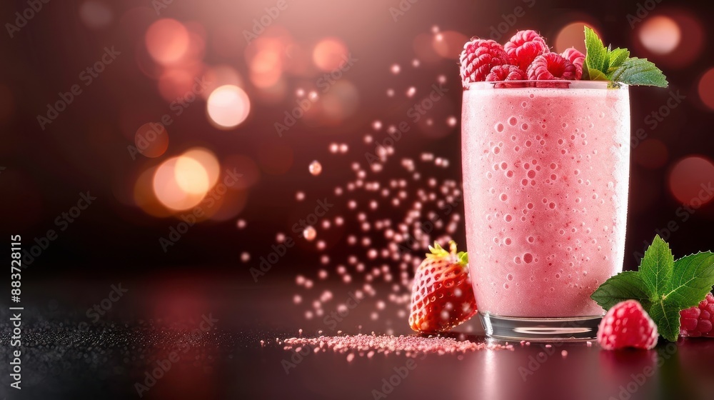 Delicious and refreshing raspberry smoothie in a glass garnished with fresh raspberries and mint leaves, set against a bokeh background. Delicious and refreshing raspberry smoothie in a glass garnished with fresh raspberries and mint leaves, set against a bokeh background.