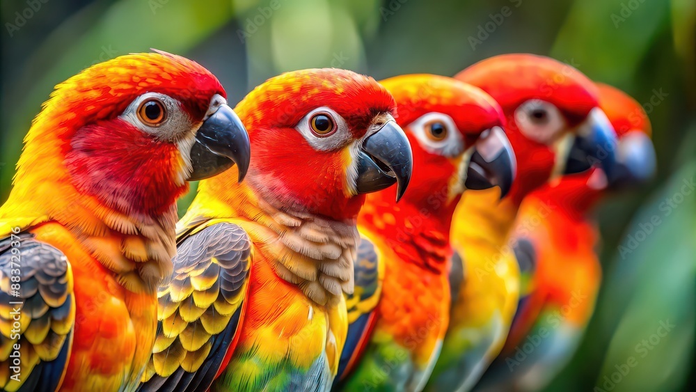Vibrant birds with red, orange, gray, and yellow feathers in foreground and background, vibrant, birds, red, orange, gray