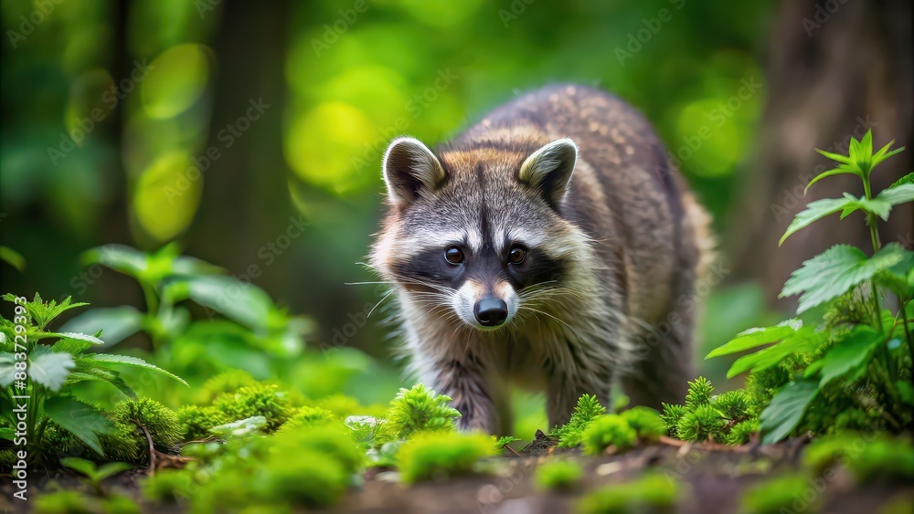 Raccoon foraging for food in a lush forest , wildlife, animal, nature, woodland, fur, cute, adorable, outdoors, scavenger Raccoon foraging for food in a lush forest , wildlife, animal, nature, woodland, fur, cute, adorable, outdoors, scavenger
