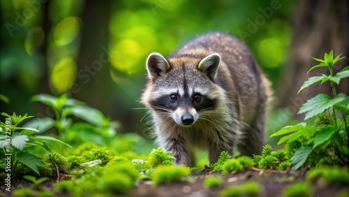 Raccoon foraging for food in a lush forest , wildlife, animal, nature, woodland, fur, cute, adorable, outdoors, scavenger