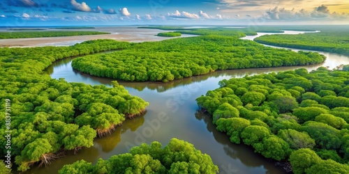 Aerial view of lush mangrove forest in Gambia, mangroves, forest, aerial, view, Gambia, trees, water, green, coastal