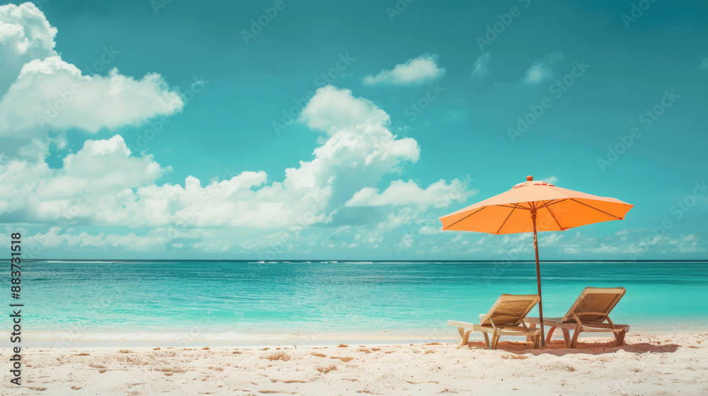 Perfect Beach Day. Loungers and Umbrella Under a Blue Sky Perfect Beach Day. Loungers and Umbrella Under a Blue Sky