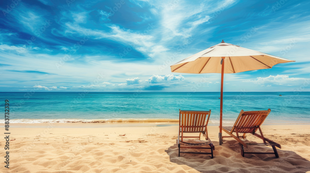 Perfect Beach Day. Loungers and Umbrella Under a Blue Sky Perfect Beach Day. Loungers and Umbrella Under a Blue Sky
