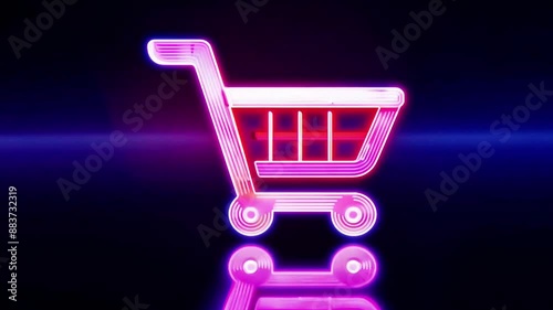 Futuristic animation featuring neon-colored shopping cart icons glowing brightly in red, blue, and yellow against a dark background, smoothly transitioning designs and reflecting lights.