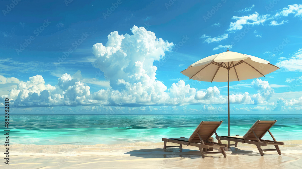 Obraz premium Perfect Beach Day. Loungers and Umbrella Under a Blue Sky