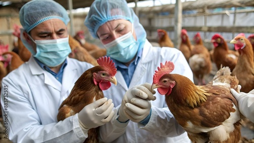 Bird flu, Veterinarians vaccinate against diseases in poultry such as farm chickens, H5N1 H5N6 Avian Influenza (HPAI), which causes severe symptoms and rapid death of infected poultry.

 photo